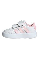 Sporline adidas Grand Court Minnie çocuk sneaker, beyaz suni deri yüzeyli, pembe puantiyeli detaylı cırt cırtlı ayakkabı