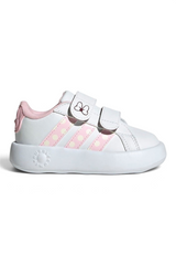 Sporline adidas Grand Court Minnie çocuk sneaker, beyaz suni deri yüzeyli ve pembe puantiyeli cırt cırtlı model