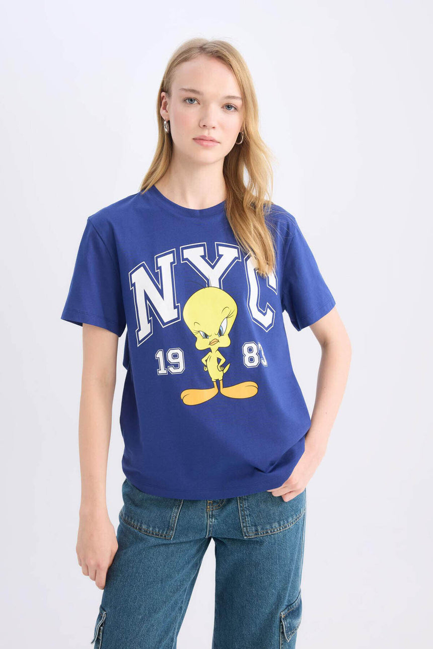 Defacto Kadın Short Sleeve T-Shirt D9108Ax - Çivit Mavisi