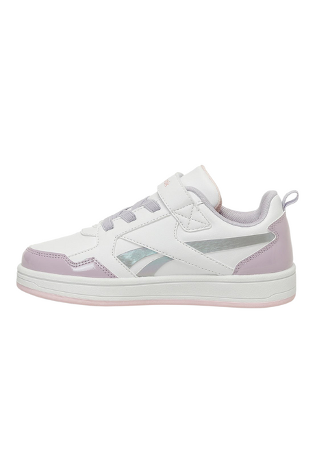 Sporline Reebok Asero Rise erkek sneaker, beyaz ve lila detaylı suni deri spor ayakkabı, yan profil görünümü.