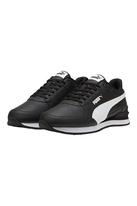 Sporline Puma ST Runner v4 L erkek spor ayakkabı, siyah deri yüzeyli ve beyaz detaylı klasik tasarım.