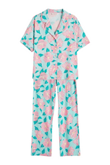 Sporline LC Waikiki su yeşili renkli, pembe çiçek desenli, kısa kollu pamuklu kadın pijama takımı