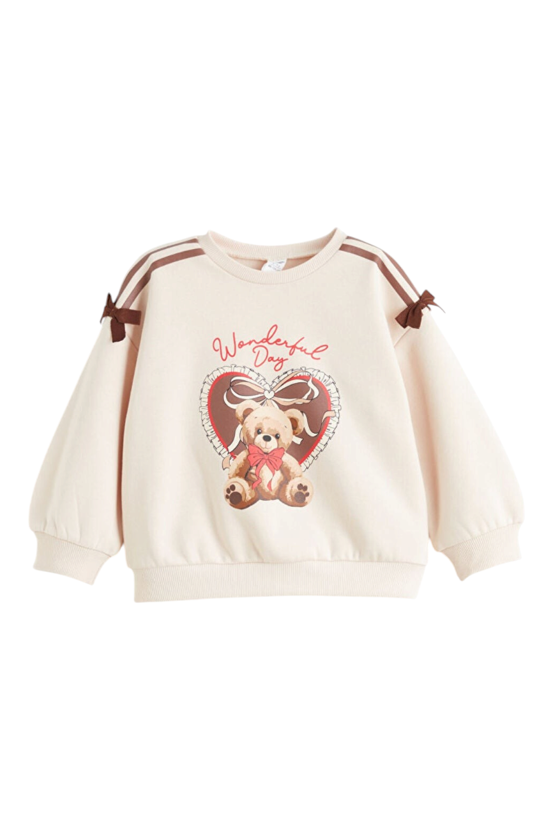 Sporline LC Waikiki soluk pembe, ayıcık baskılı, fiyonk detaylı, loose kesim çocuk sweatshirt
