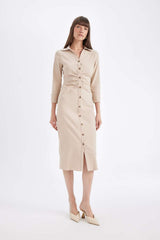 Defacto Kadın Long Sleeve Woven Dress D4560Ax - Kahverengi / Kum Beji