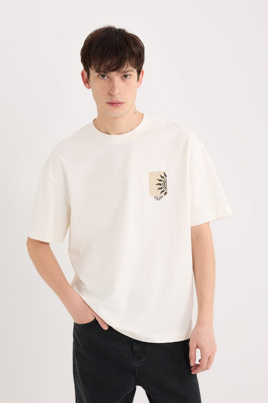 DeFacto Erkek Oversize T-Shirt B5813AX - Ekru