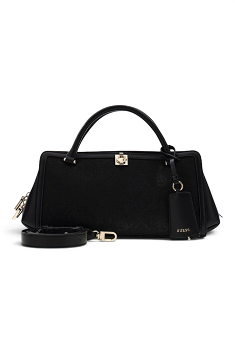 Sporline Guess Audrey siyah polyester kadın el çantası, zarif logo detaylı satchel tasarımı ve şık metal aksesuarlar.