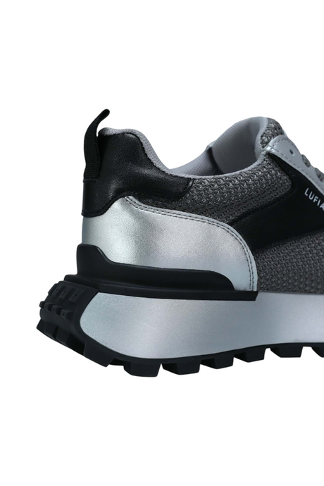 Sporline Lufian gri renkli, suni deri ve tekstil detaylı kadın sneaker ayakkabı topuk detayı