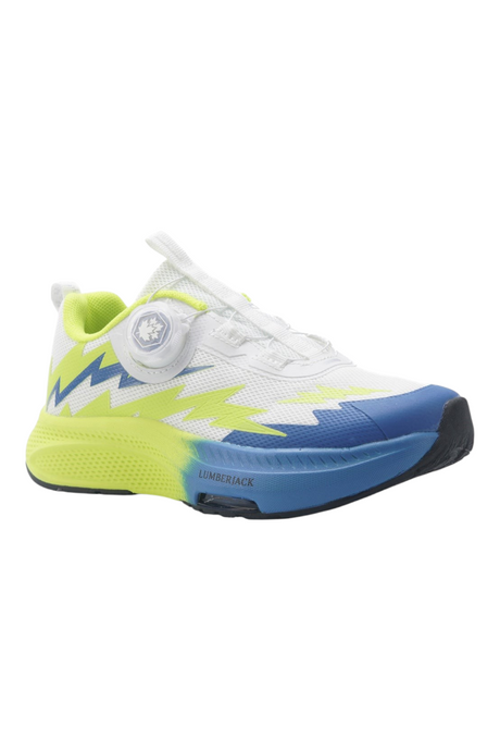 Sporline Lumberjack Westy beyaz, neon sarı ve mavi detaylı, bağcıksız disk mekanizmalı çocuk koşu ayakkabısı