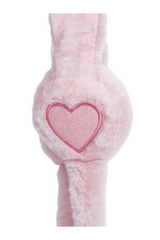 Sporline LC Waikiki açık pembe peluş çocuk kulaklığı, üzerinde pembe simli kalp detayı bulunuyor.