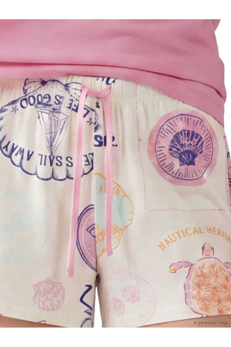 Sporline LC Waikiki açık bej renkli, deniz temalı desenli ve pembe bağcıklı kadın pijama altı