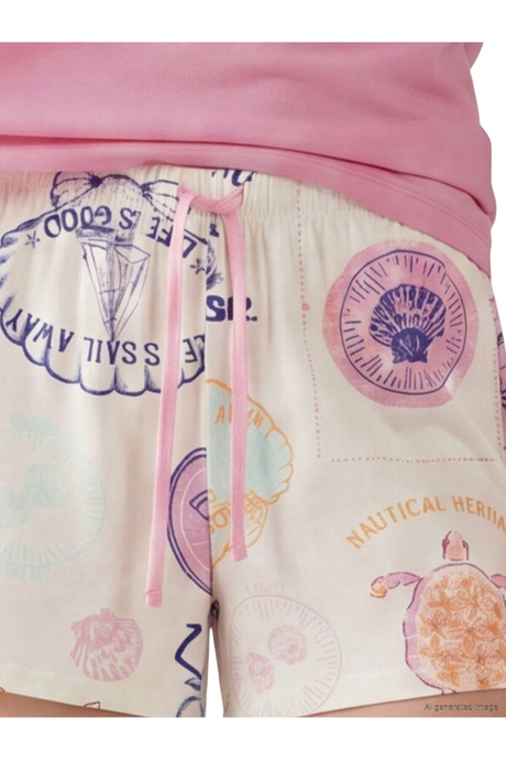 Sporline LC Waikiki açık bej renkli, deniz temalı desenli ve pembe bağcıklı kadın pijama altı