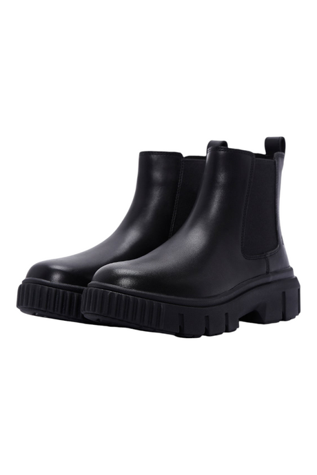 Sporline Timberland siyah kadın bot, deri ve tekstil malzemeden üretilmiş, kalın tabanlı şık chelsea bot tasarımı.