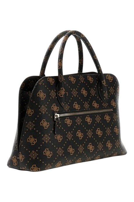 Sporline Guess Emelie Logo satchel çanta, kahverengi ve siyah desenli poliüretan malzemeden üretilmiş şık el çantası.