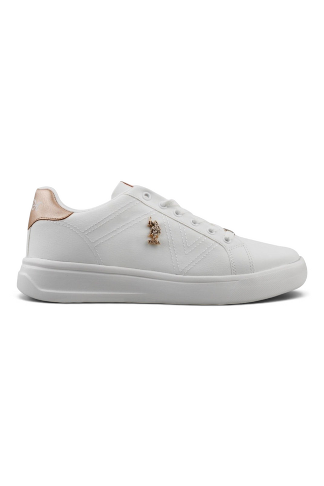 Sporline U.S. Polo Assn. 6P beyaz kadın sneaker, yan kısmında metalik logo detayı ve topukta rose gold vurgu.