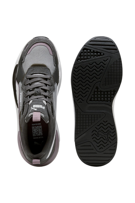 Sporline Puma X-Ray 3 SD gri ve beyaz kadın sneaker ayakkabı, üstten ve taban görünümü