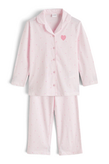 Sporline LC Waikiki pembe renkli, kalp desenli, gömlek yakalı kız çocuk pijama takımı