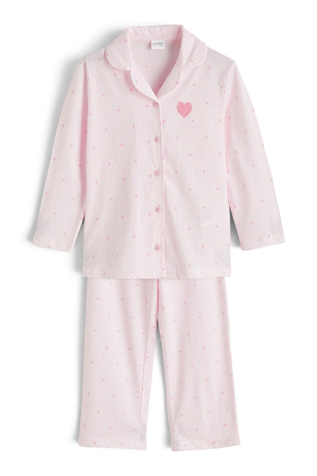 Sporline LC Waikiki pembe renkli, kalp desenli, gömlek yakalı kız çocuk pijama takımı