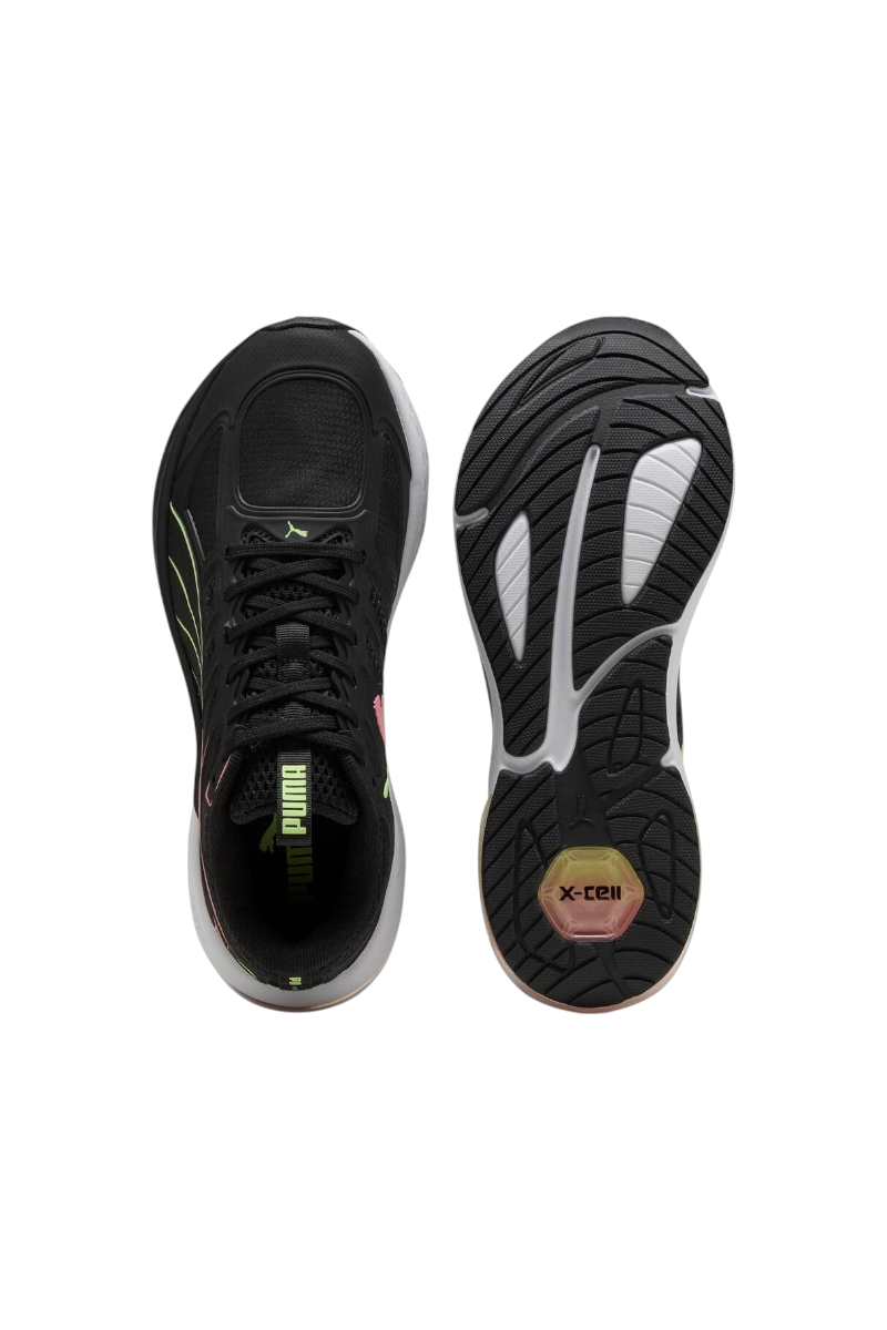 Sporline Puma X-Cell Lightspeed kadın koşu ayakkabısı, siyah ve pembe renkli, dayanıklı taban yapısına sahip.