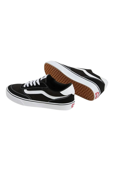 Sporline Vans Brooklyn siyah beyaz tekstil erkek sneaker ayakkabı, ikonik yan şeritli ve kauçuk tabanlı tasarım.