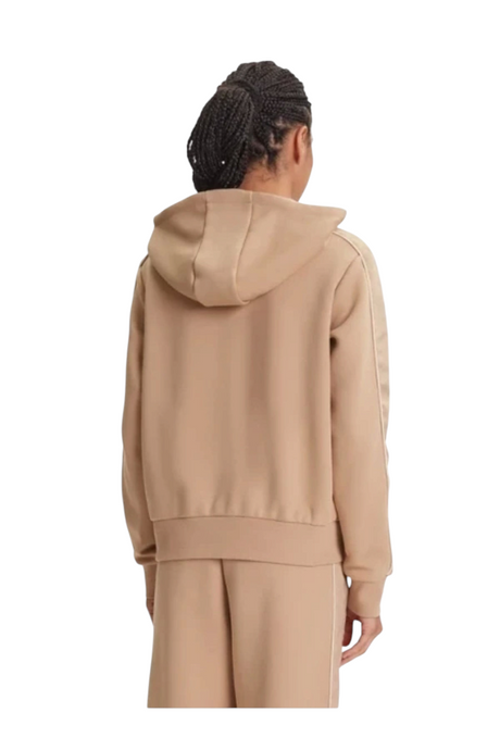 Sporline Guess Maryella kadın bej renkli, kapüşonlu ve fermuarlı pamuklu spor sweatshirt sırt görünümü