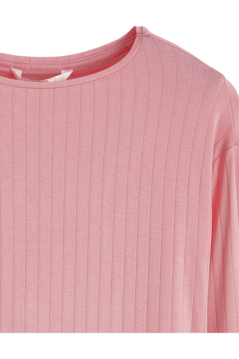 Sporline LC Waikiki pembe renkli, %100 pamuklu, dikey çizgili dokuya sahip kadın pijama üstü