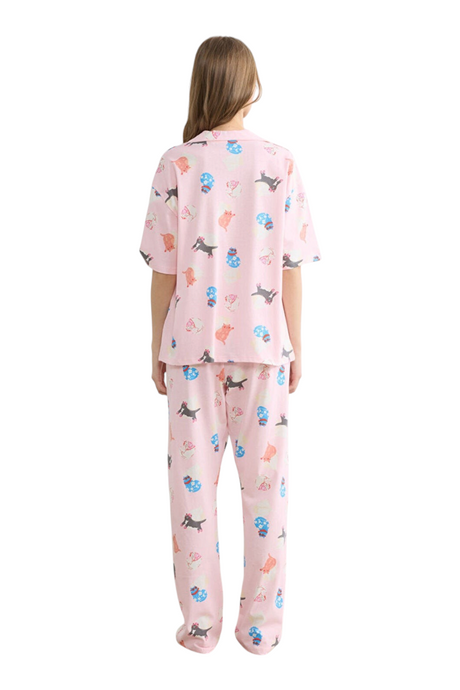 Sporline LC Waikiki pembe renkli, desenli pamuklu kadın hamile pijama takımı, arkadan görünüm