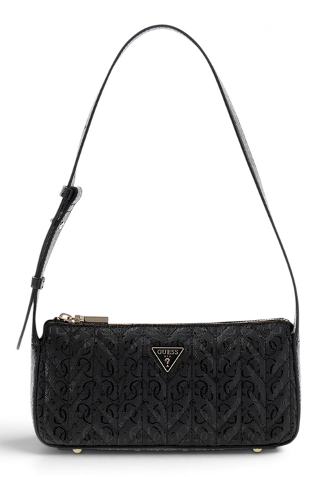Sporline Guess Stacey siyah desenli polyester kadın omuz çantası, şık ve kompakt tasarım