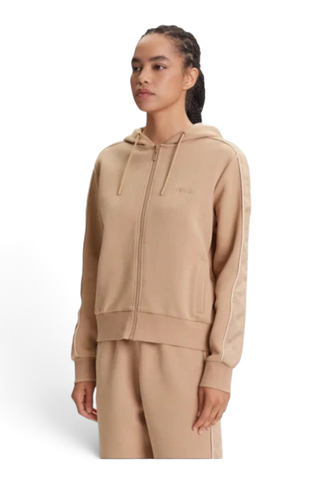 Sporline Guess Maryella bej renkli, fermuarlı, kapüşonlu ve yan cepli kadın spor sweatshirt modeli