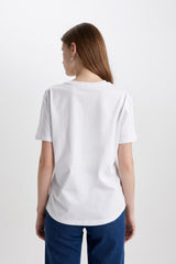 DeFacto W9584AZ Kadın T-Shirt - Mor Beyaz