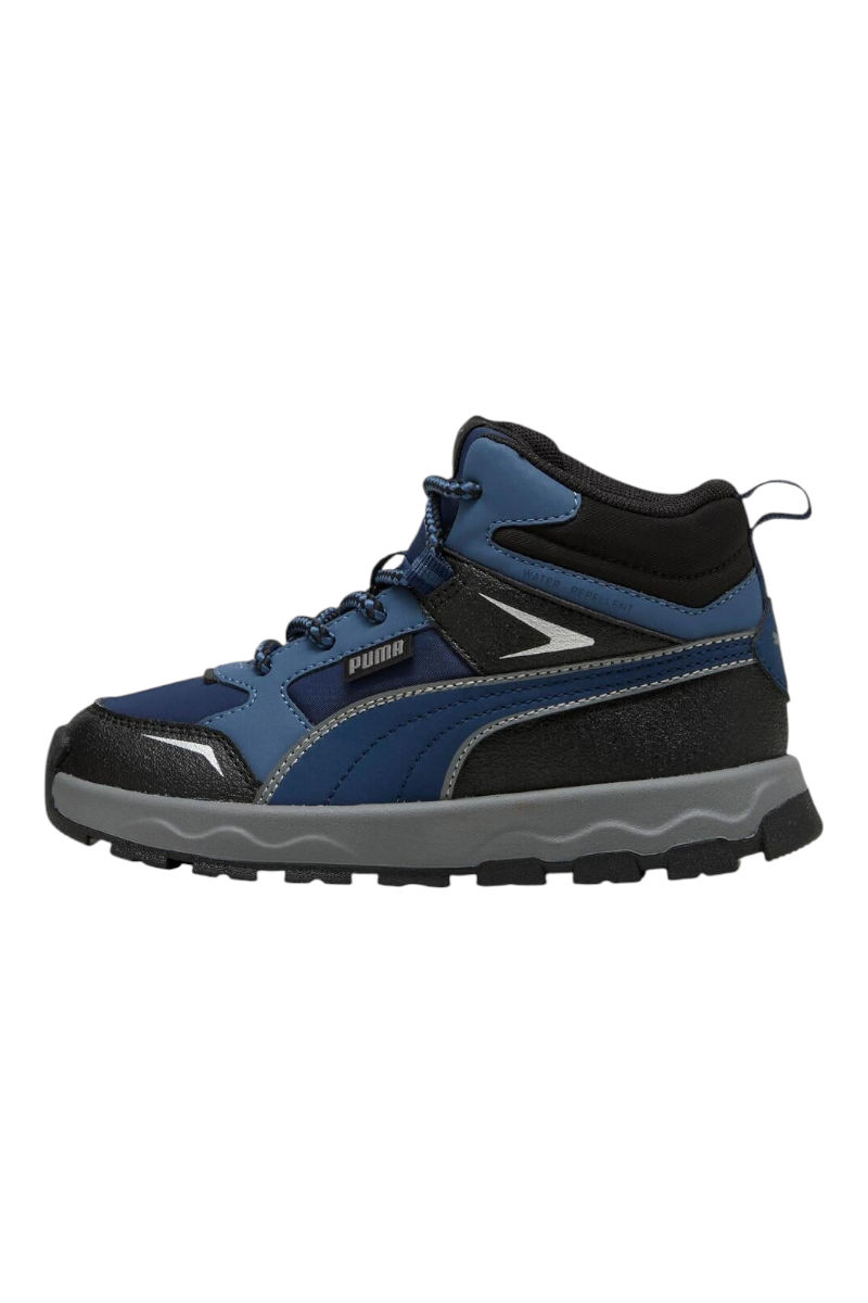 Sporline Puma Evolve Trail PS çocuk bot, mavi, koyu gri ve siyah renklerde, su itici özellikli outdoor ayakkabı.