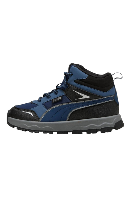 Sporline Puma Evolve Trail PS çocuk bot, mavi, koyu gri ve siyah renklerde, su itici özellikli outdoor ayakkabı.