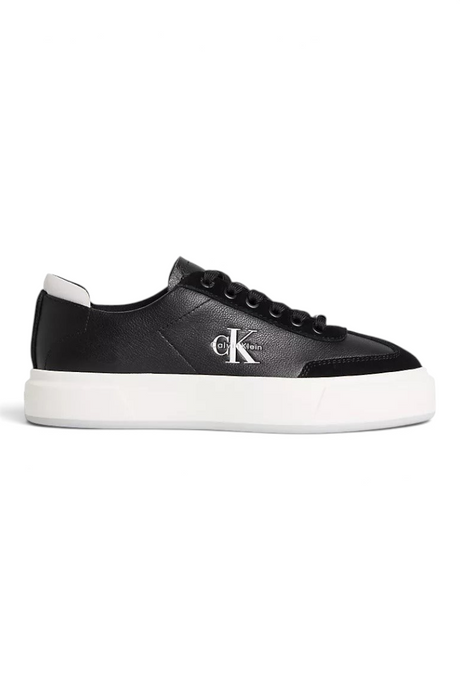 Sporline Calvin Klein siyah deri kadın sneaker, beyaz kalın tabanlı ve yan tarafta CK logolu günlük ayakkabı