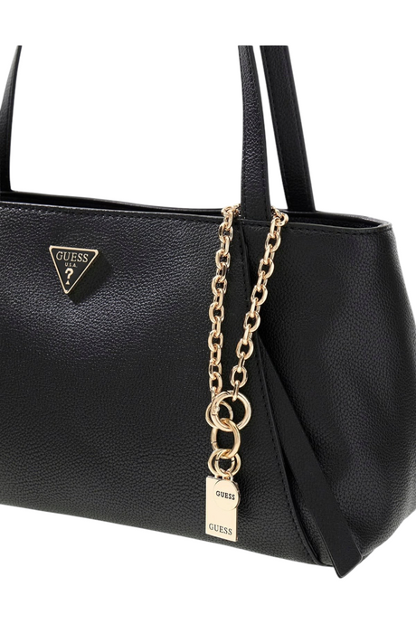 Sporline Guess Devon siyah kadın satchel çanta, altın rengi zincir detaylı ve ikonik üçgen logolu şık tasarım.