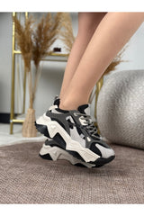 Noctra Kadın Süet Siyah Koyu Gri Bağcıklı Yüksek Tabanlı Sneakers - Siyah/ Koyu Gri