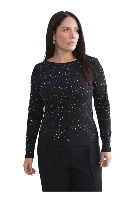 Sporline LC Waikiki siyah renkli, uzun kollu, slim fit kesim ve beyaz puantiye desenli kadın pamuklu tişört
