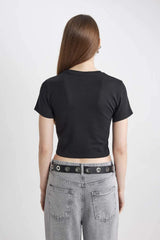 Defacto Kadın Short Sleeve T-Shirt T9631Az - Siyah