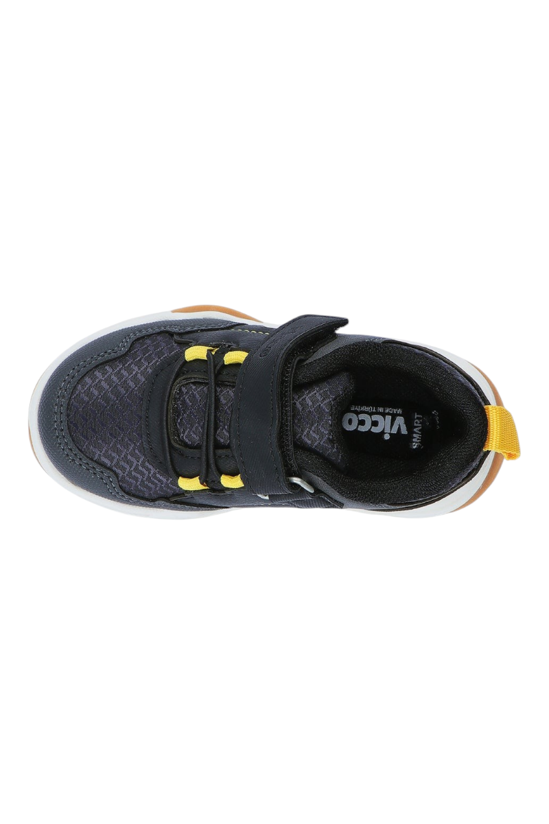 Sporline Vicco siyah tekstil çocuk sneaker, cırt cırtlı ve sarı detaylı üstten görünüm