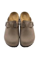 Sporline Birkenstock Boston gri unisex terlik, mantar tabanlı ve ayarlanabilir tokalı günlük konforlu tasarım