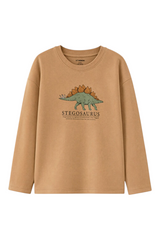 Sporline LC Waikiki koyu bej renkli, üzerinde stegosaurus dinozor baskısı bulunan uzun kollu çocuk sweatshirt