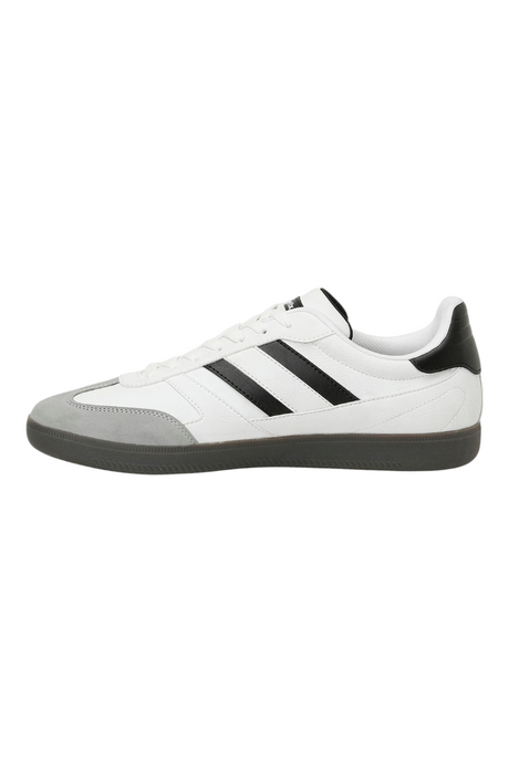 Sporline Kinetix Rudow beyaz PU erkek sneaker, yan profil görünümü, siyah detaylı ve gri süet burunlu spor ayakkabı