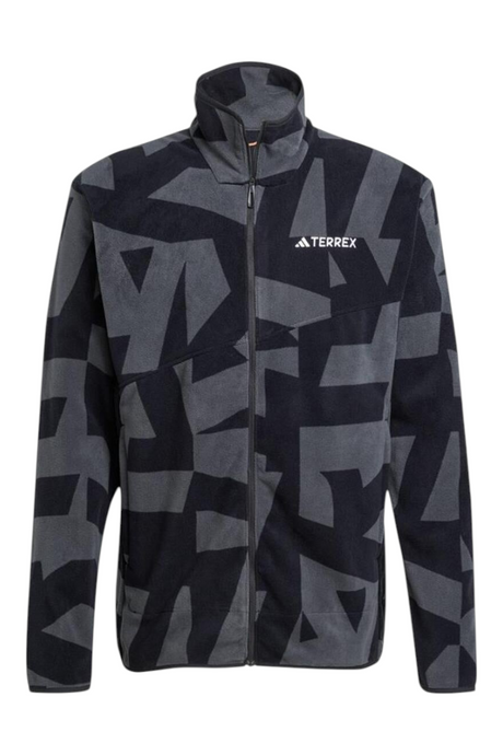 Sporline adidas Terrex siyah ve karbon renkli, geometrik desenli, fermuarlı erkek polar ceket