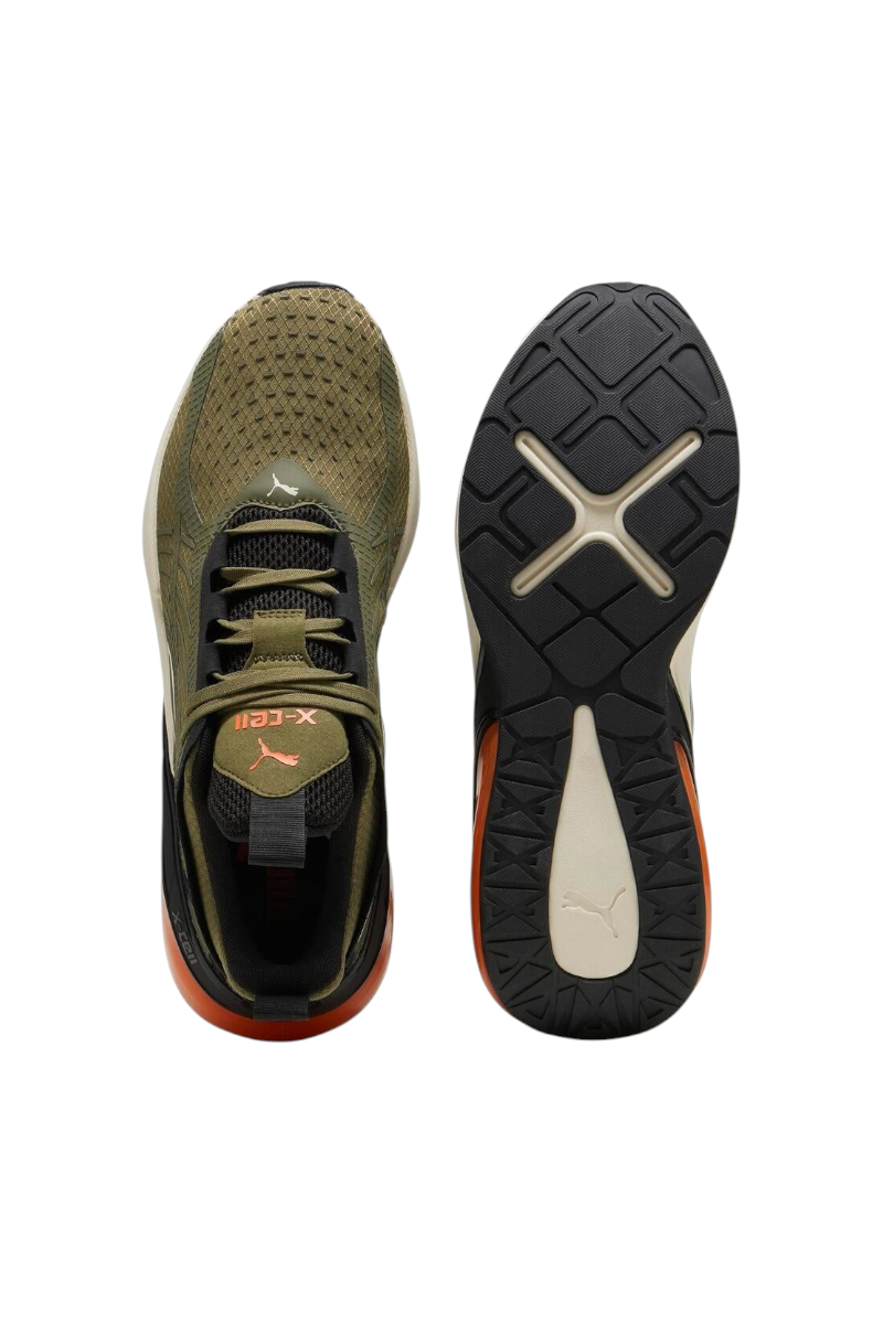 Sporline Puma X-Cell Action yeşil erkek koşu ayakkabısı, üst ve taban görünümü