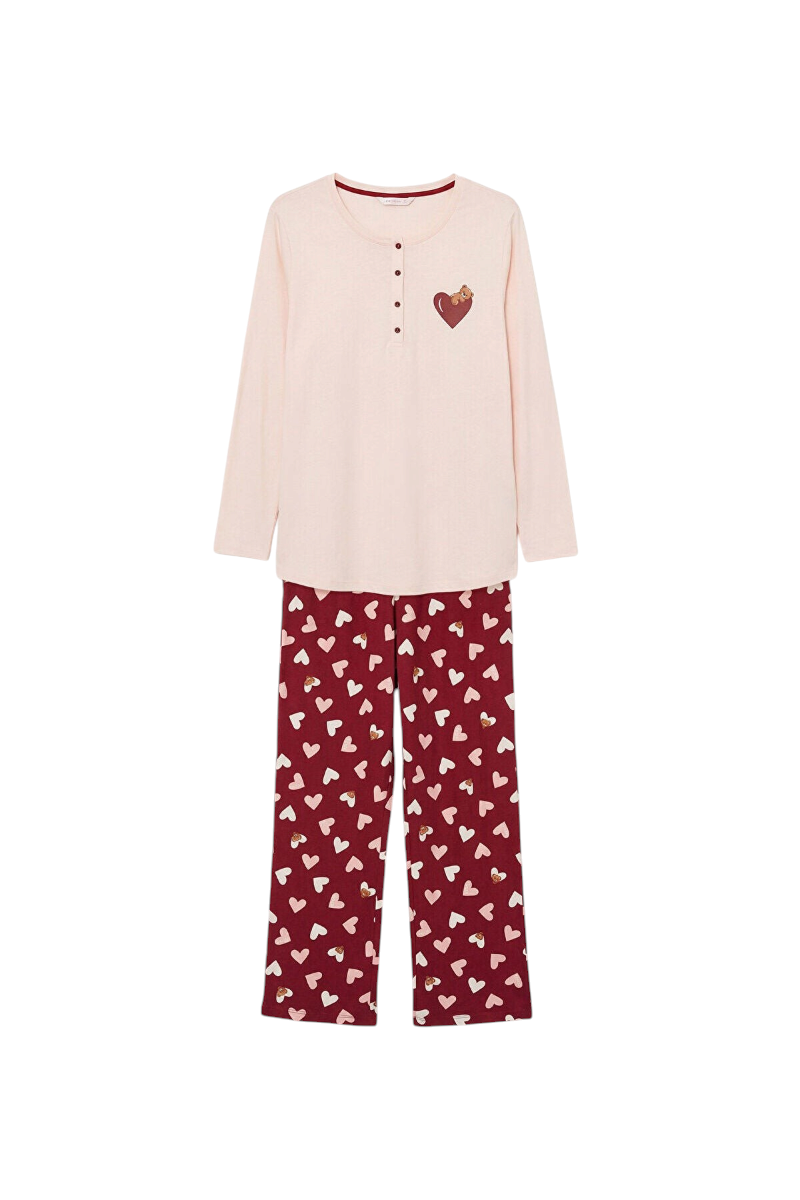 Sporline LC Waikiki kadın pijama takımı, açık pembe uzun kollu üst ve koyu kırmızı kalp desenli pamuklu alt parça.