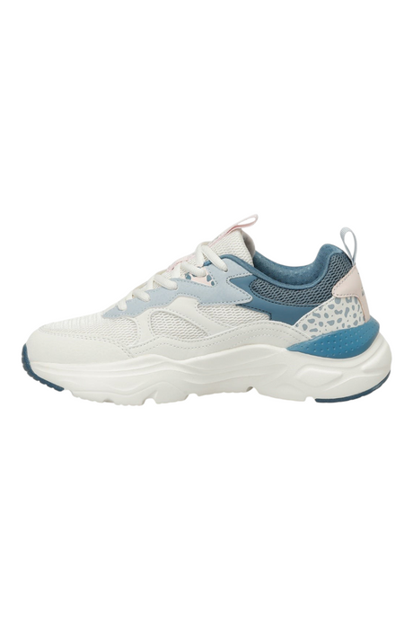 Sporline Kinetix Foxy TX kadın sneaker, ekru ve mavi tonlarında, tekstil malzemeli, desenli topuk detaylı spor ayakkabı