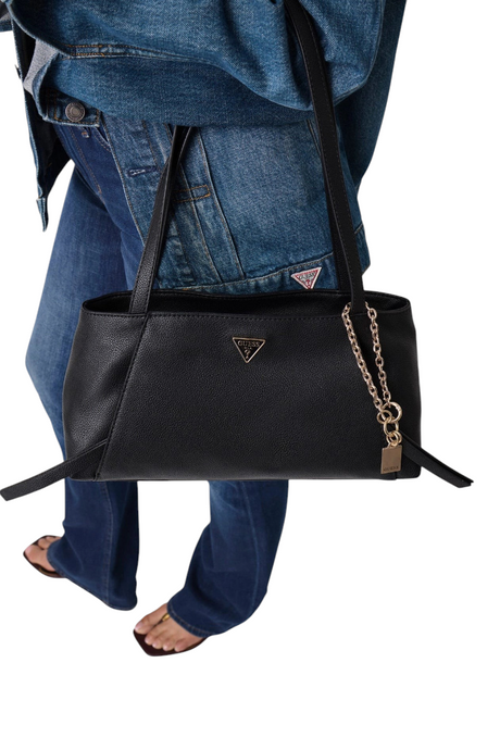 Sporline Guess Devon siyah satchel kadın el çantası, zincir detaylı ve omuzda taşınabilir şık tasarım