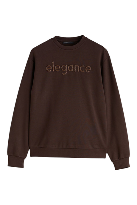 Sporline LC Waikiki koyu kahverengi, ön kısmında taş işlemeli elegance yazısı bulunan pamuklu kadın sweatshirt
