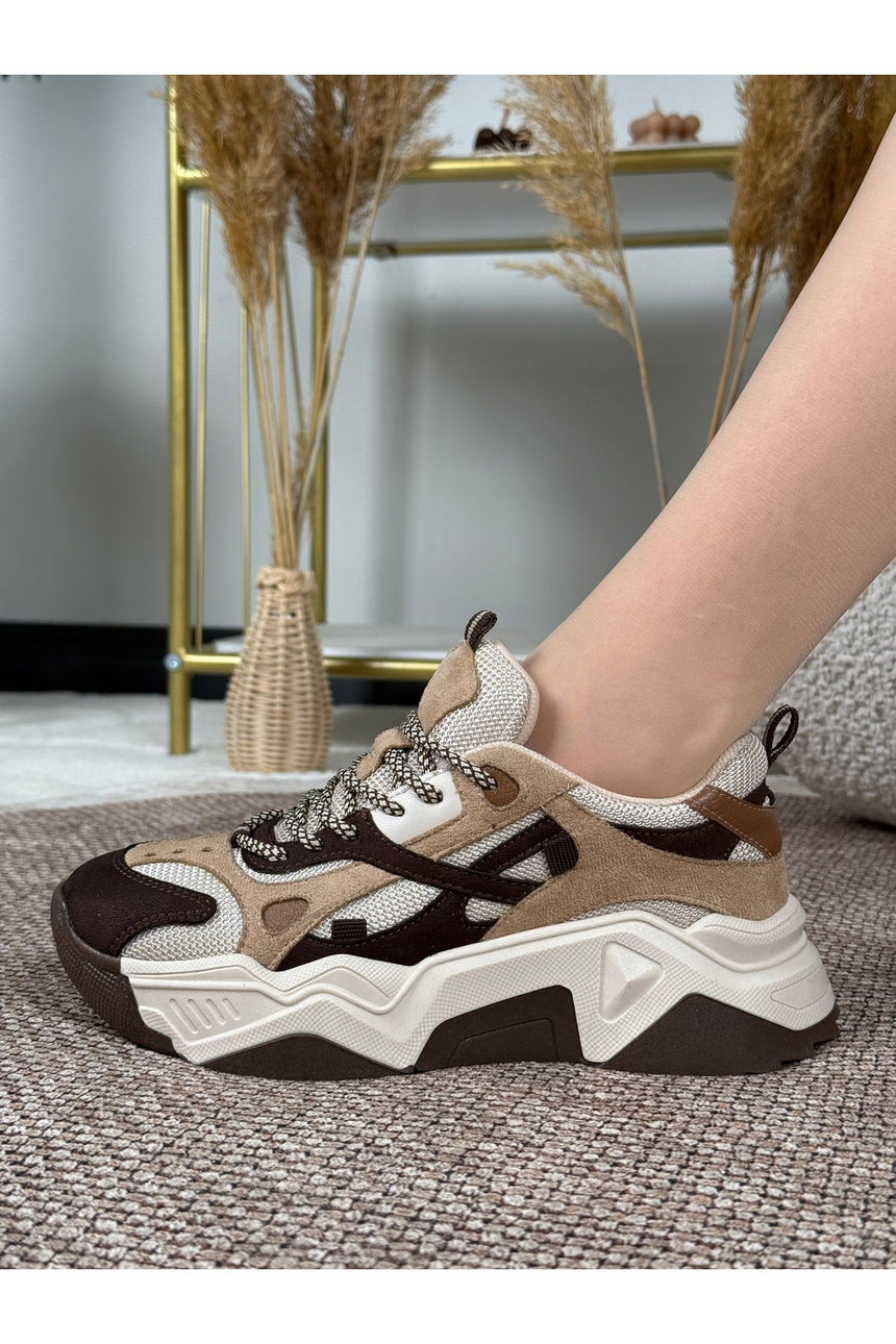 Noctra Kadın Süet Koyu Kahve Bej Bağcıklı Yüksek Tabanlı Sneakers - Koyu Kahverengi/ Bej