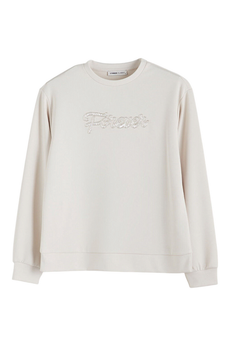 Sporline LC Waikiki açık gri renkli, ön kısmında taşlı Forever yazısı bulunan pamuklu loose kesim kadın sweatshirt