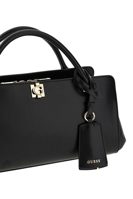 Sporline Guess Audrey siyah poliüretan kadın satchel el çantası, altın renkli metal logo detaylı