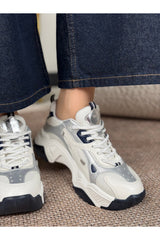 Noctra Kadın Süet Lacivert Beyaz Gümüş Bağcıklı Yüksek Tabanlı Sneakers - Lacivert/ Beyaz/ Gümüş